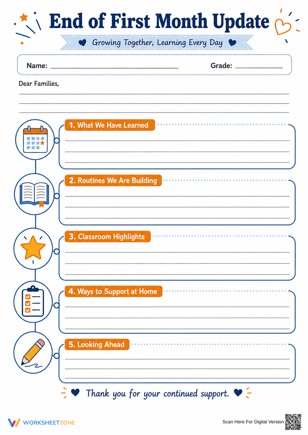 Grade 1 First Month Update — Printable No-Prep Worksheet - Page 1