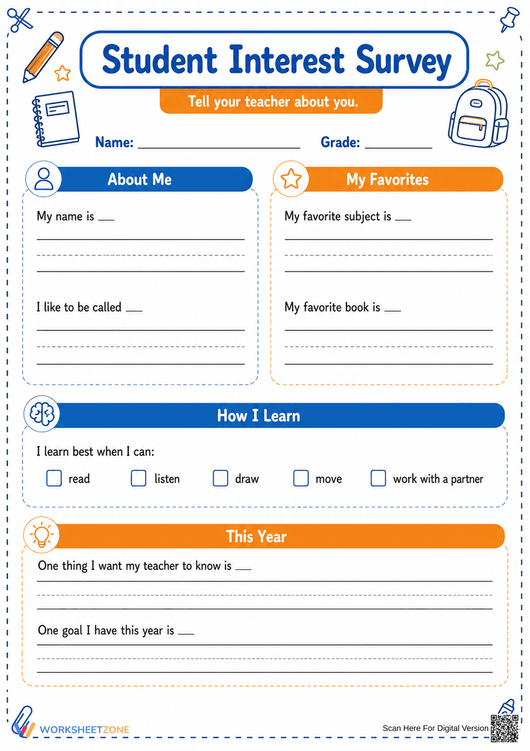 Student Interest Survey | Grade 2-5 Printable Worksheet - Page 1