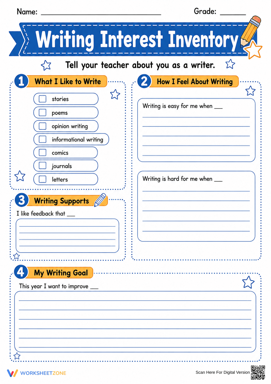 Writing Interest Inventory | Essential Grade 3-6 Guide - Page 1