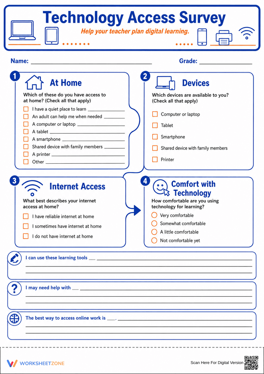 Essential Technology Access Survey | Grades 3-8 Printable - Page 1