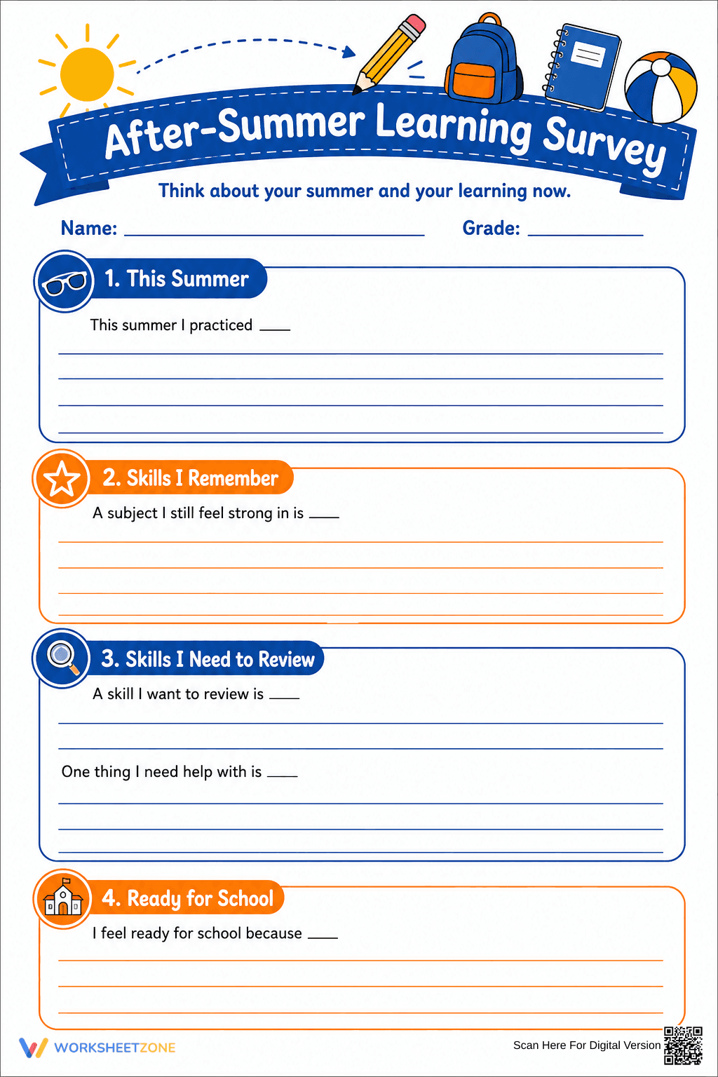 After-Summer Learning Survey | Grade 4 Printable - Page 1