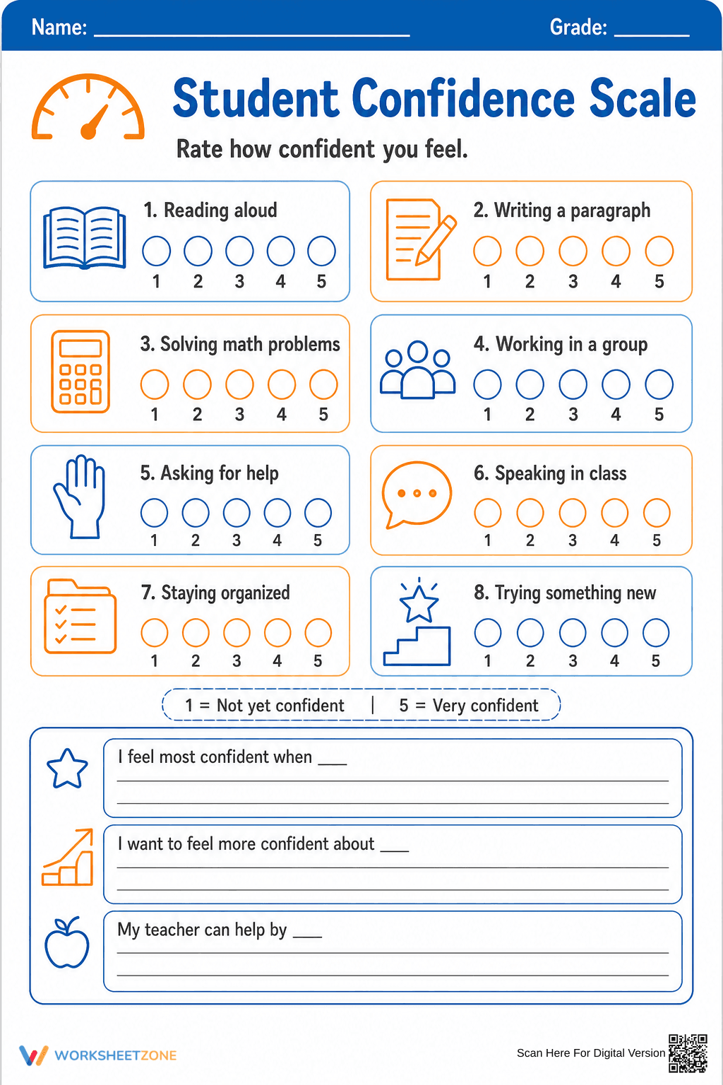 Student Confidence Scale | Grade 3-6 Essential Worksheet - Page 1