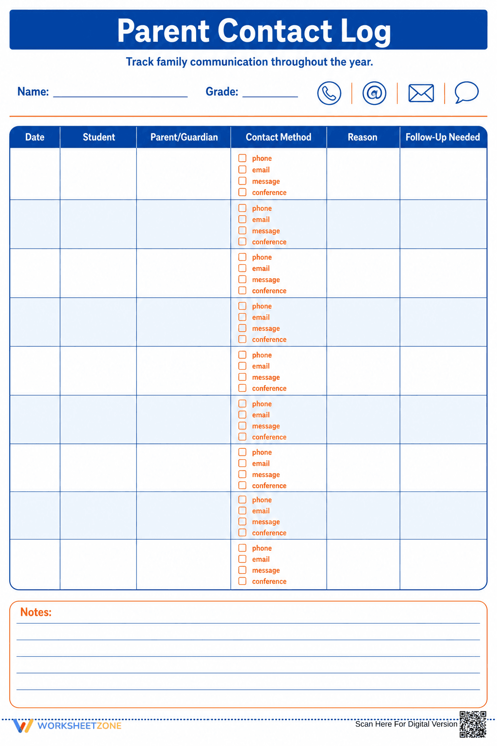 Parent Contact Log | Essential K-12 Teacher Printable - Page 1