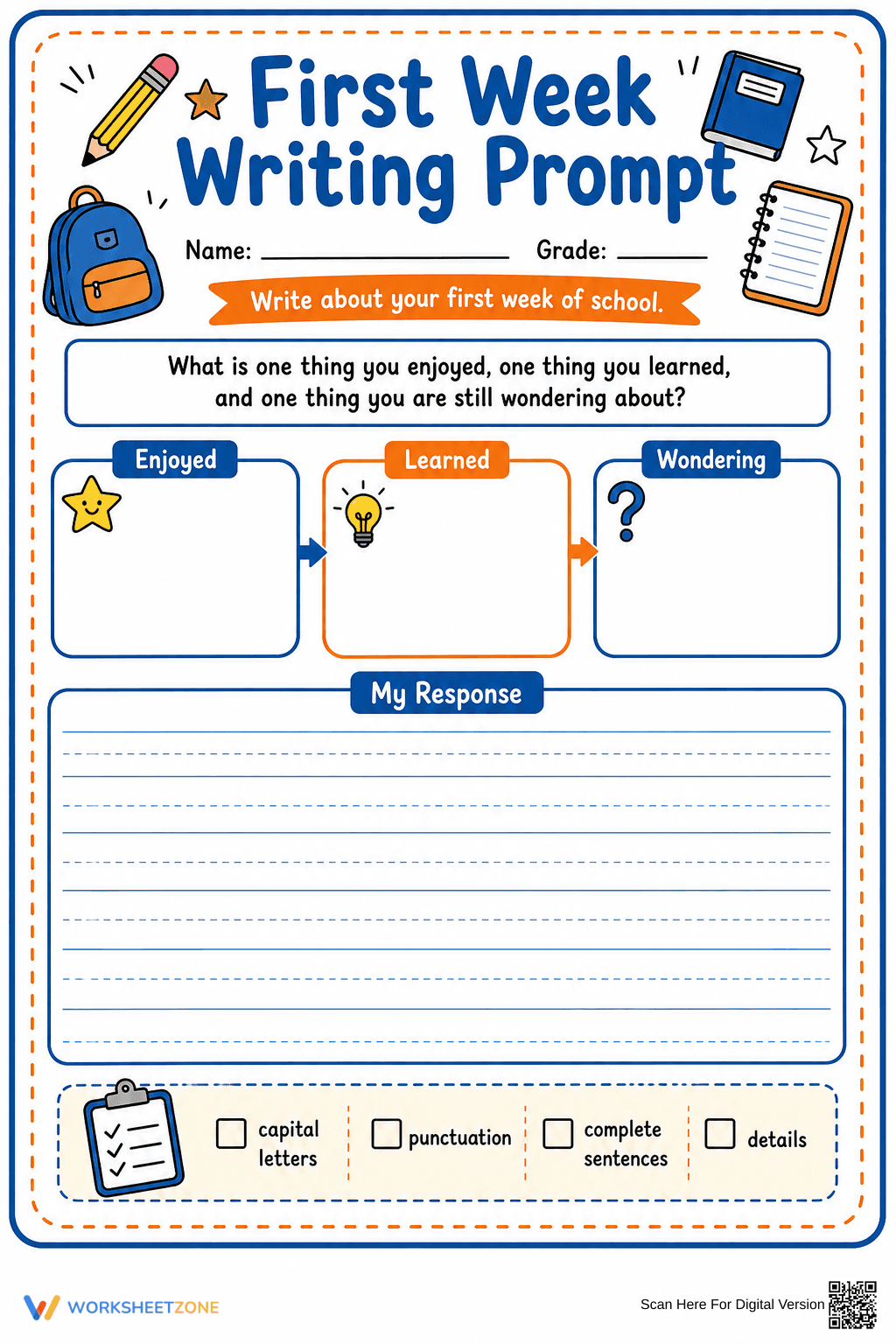 First Week Writing Prompt | Grade 3 Printable Worksheet - Page 1