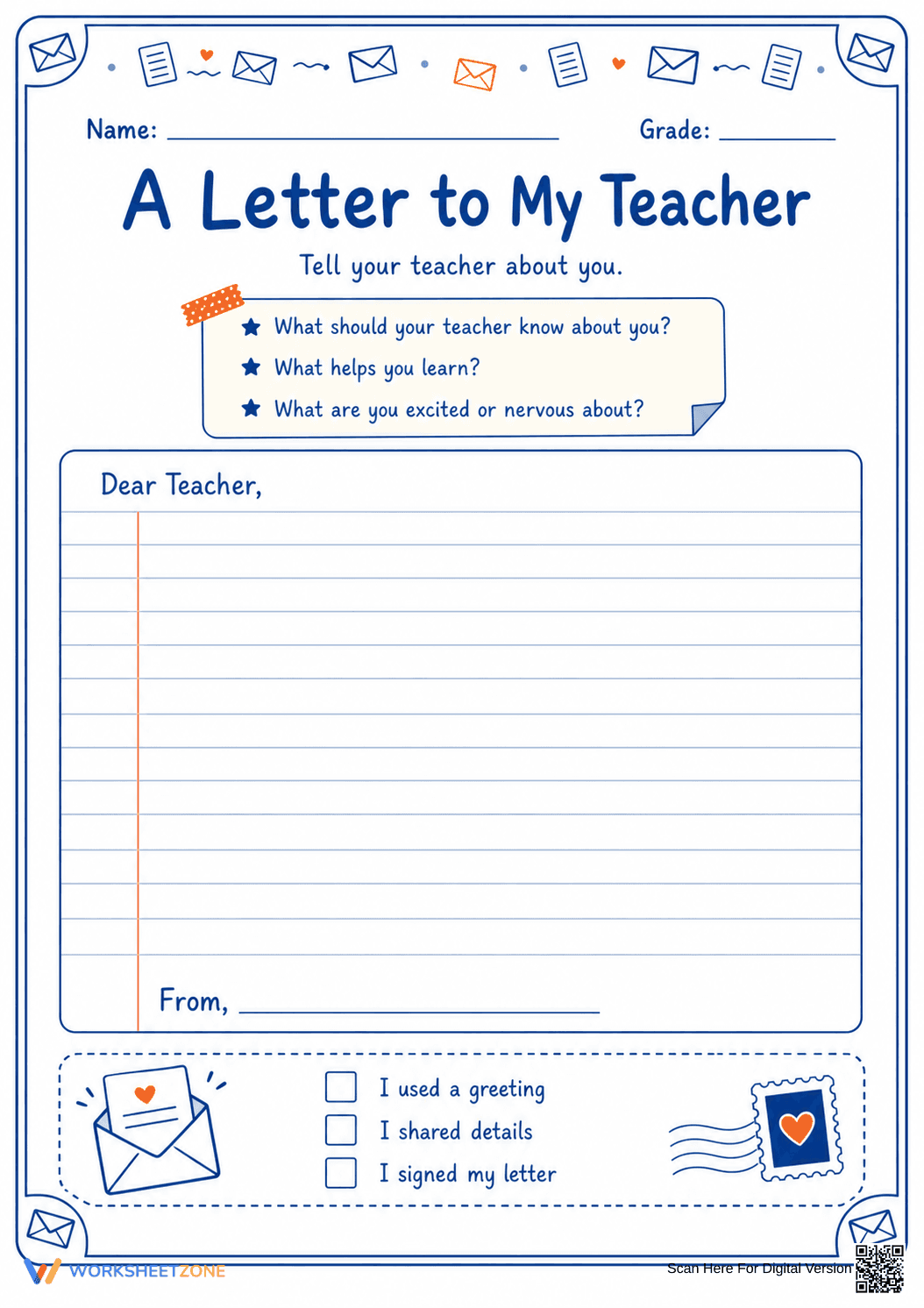 "A Letter to My Teacher" Worksheet | Grade 4 Essential - Page 1