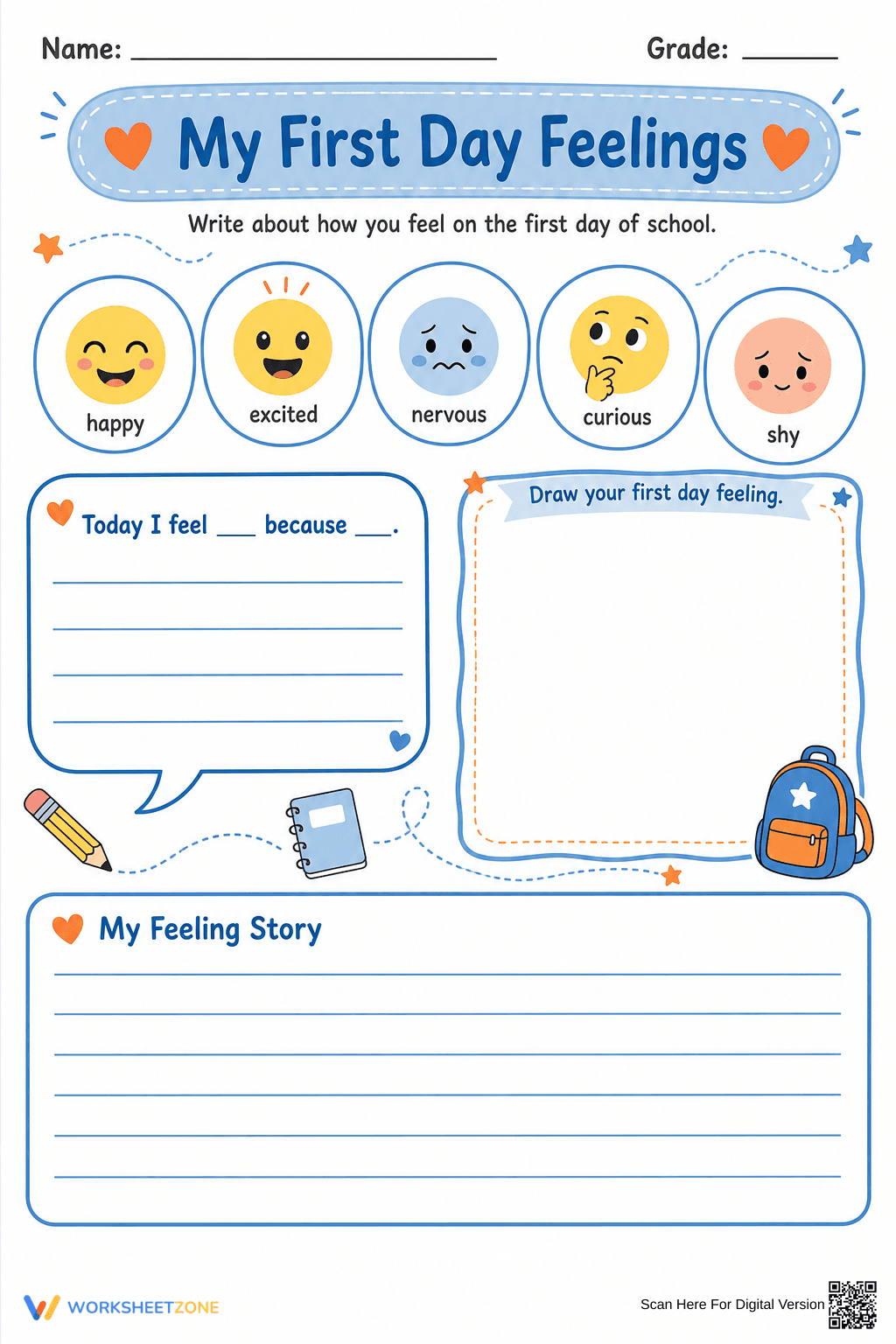 My First Day Feelings Worksheet | Grade 1-4 Essential - Page 1