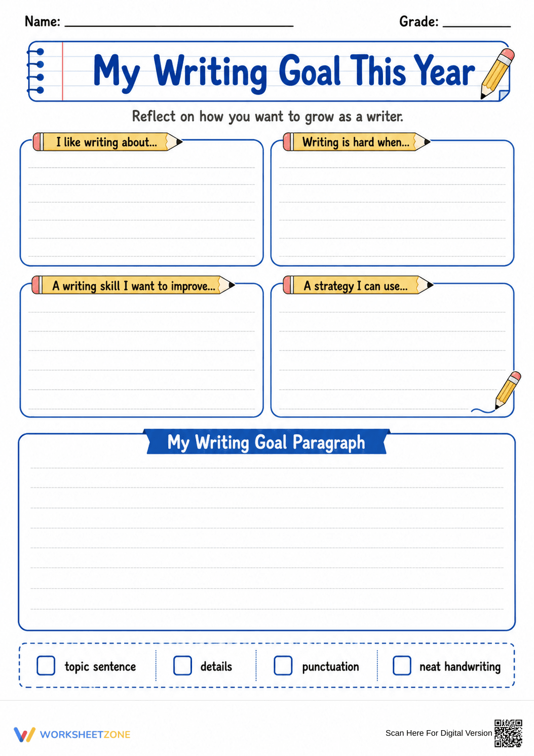 My Writing Goal Worksheet | Grade 4 Essential - Page 1