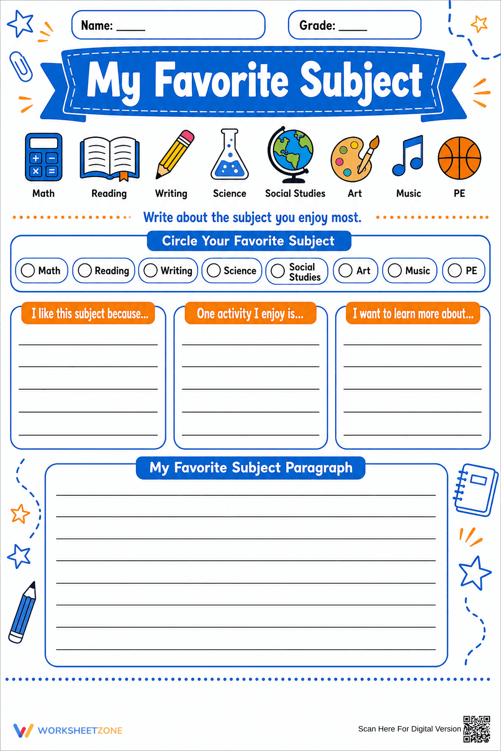 My Favorite Subject Worksheet | Grade 3-5 Essential - Page 1