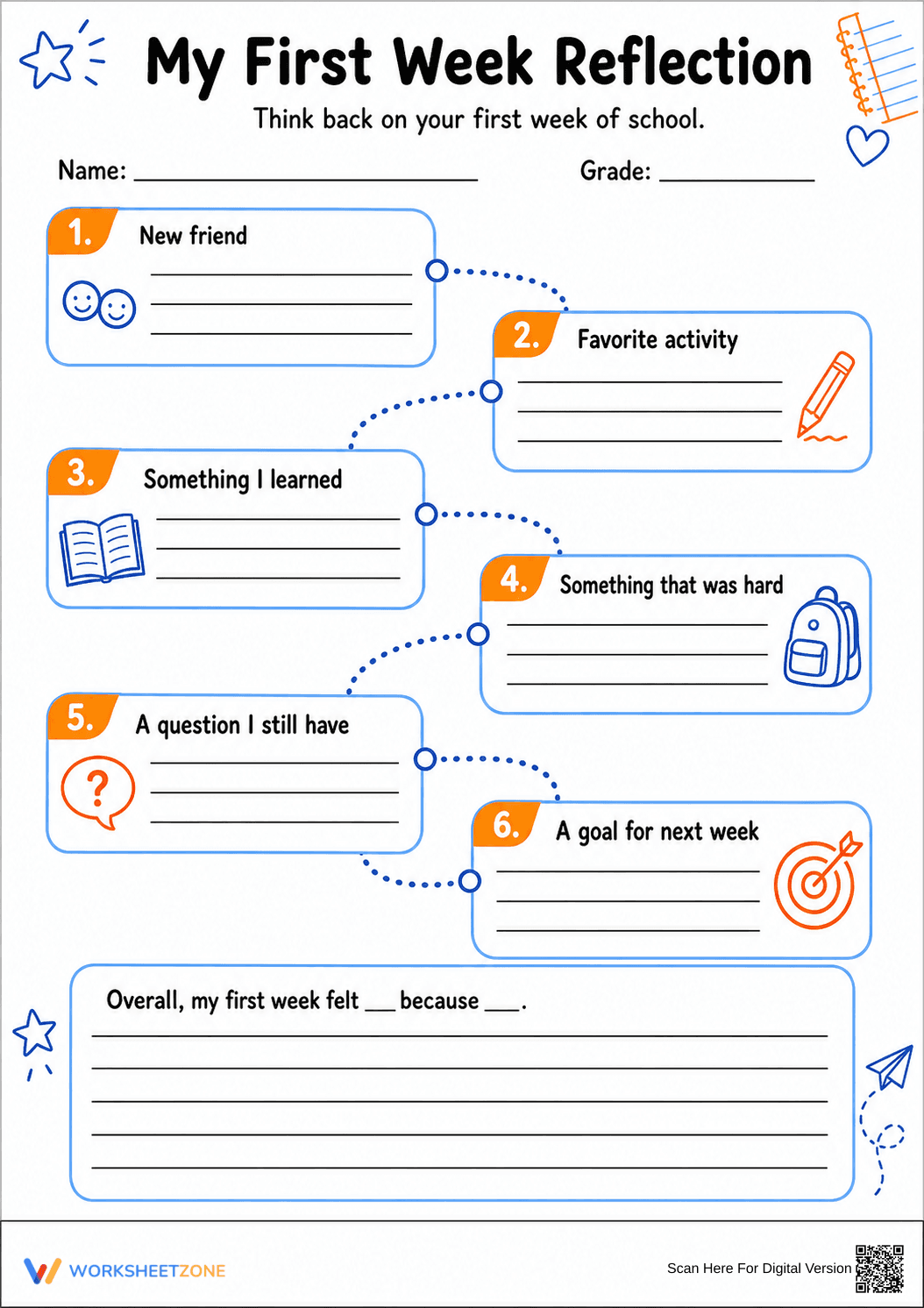 My First Week Reflection Worksheet | Grade 4 Essential - Page 1