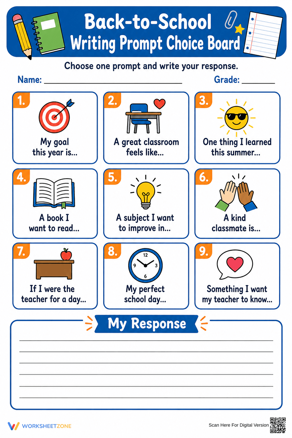 Grade 4 Writing Choice Board — Printable No-Prep Worksheet - Page 1