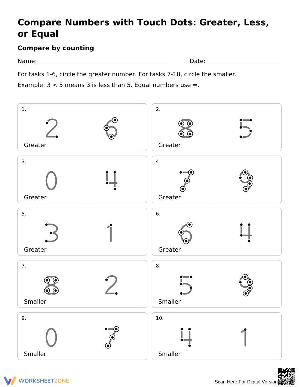 Comparing Numbers with Touch Dots | Printable Grade K - Page 1