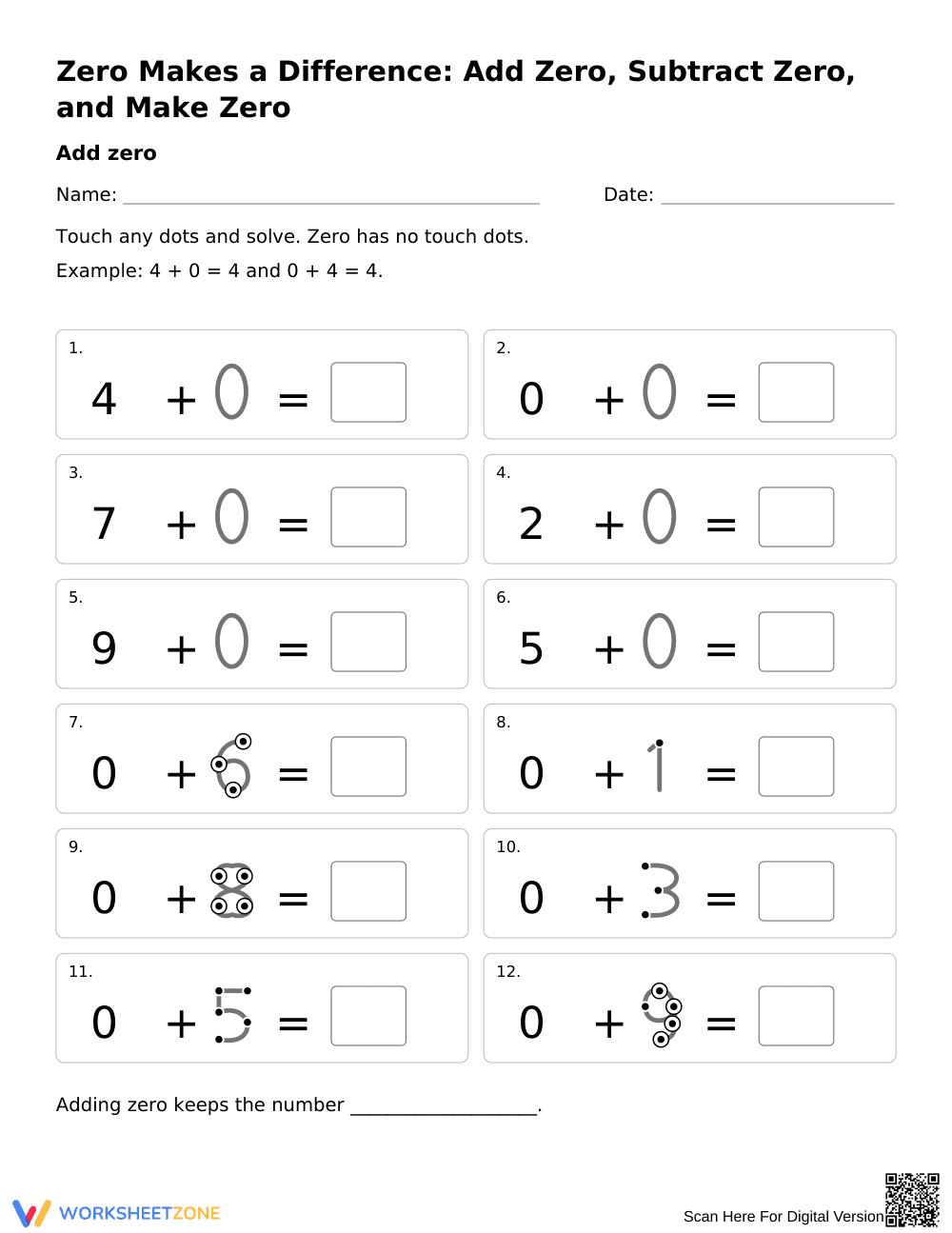Adding and Subtracting Zero Worksheet | Grade 1 Essential - Page 1