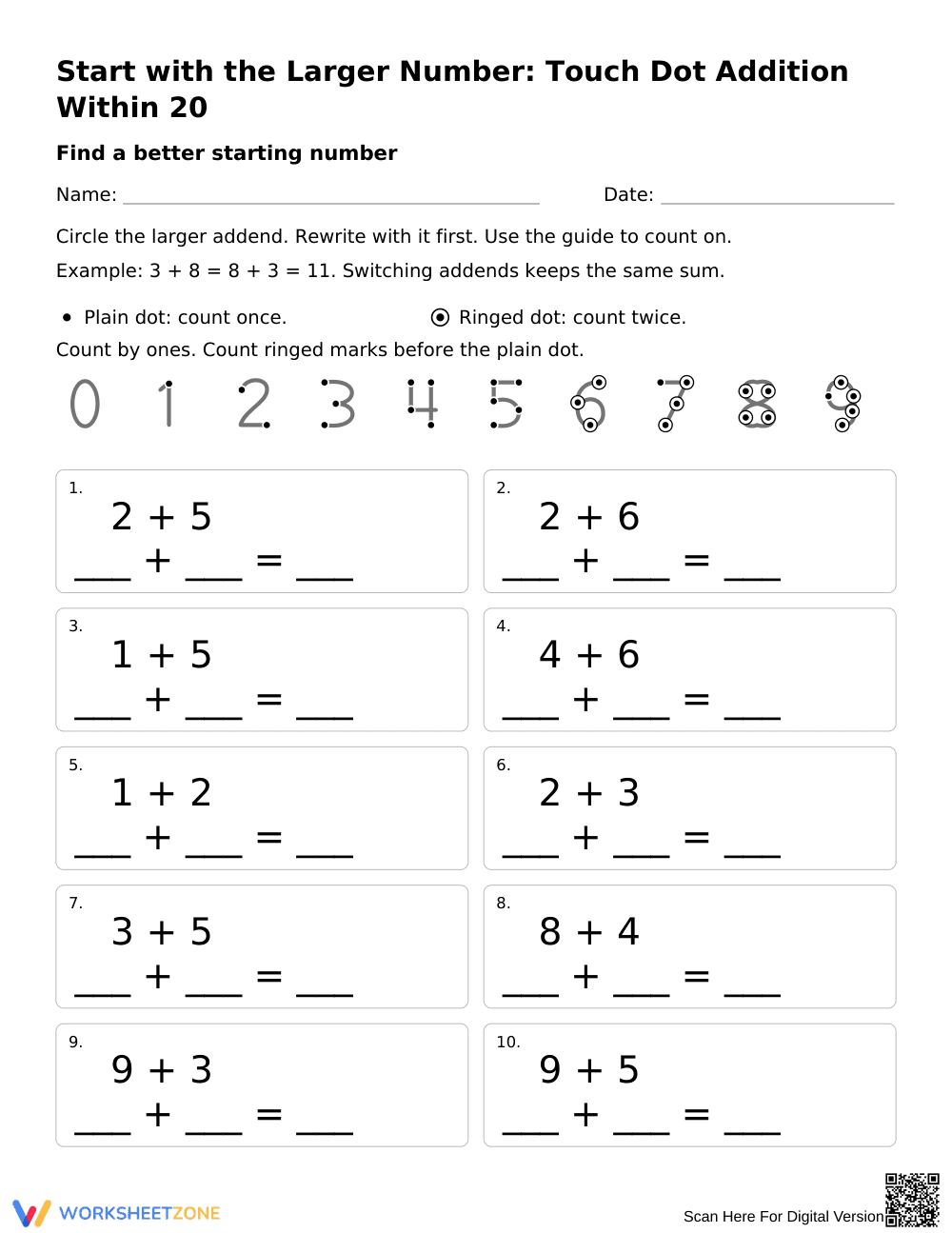 Printable Touch Dot Addition Within 20 | Grade 1 Math - Page 1