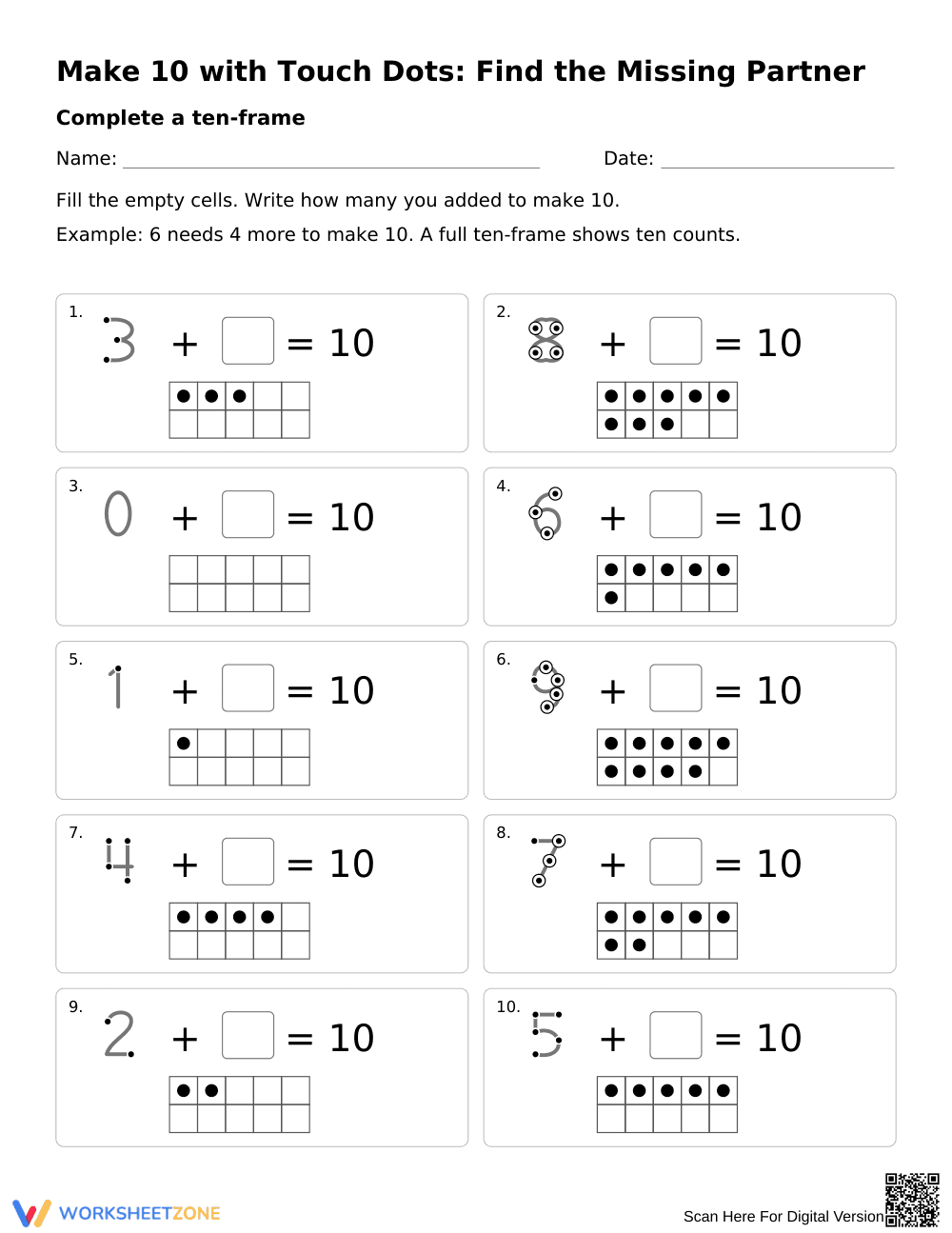 Make 10 with Touch Dots Worksheet | Grade K Math Printable - Page 1