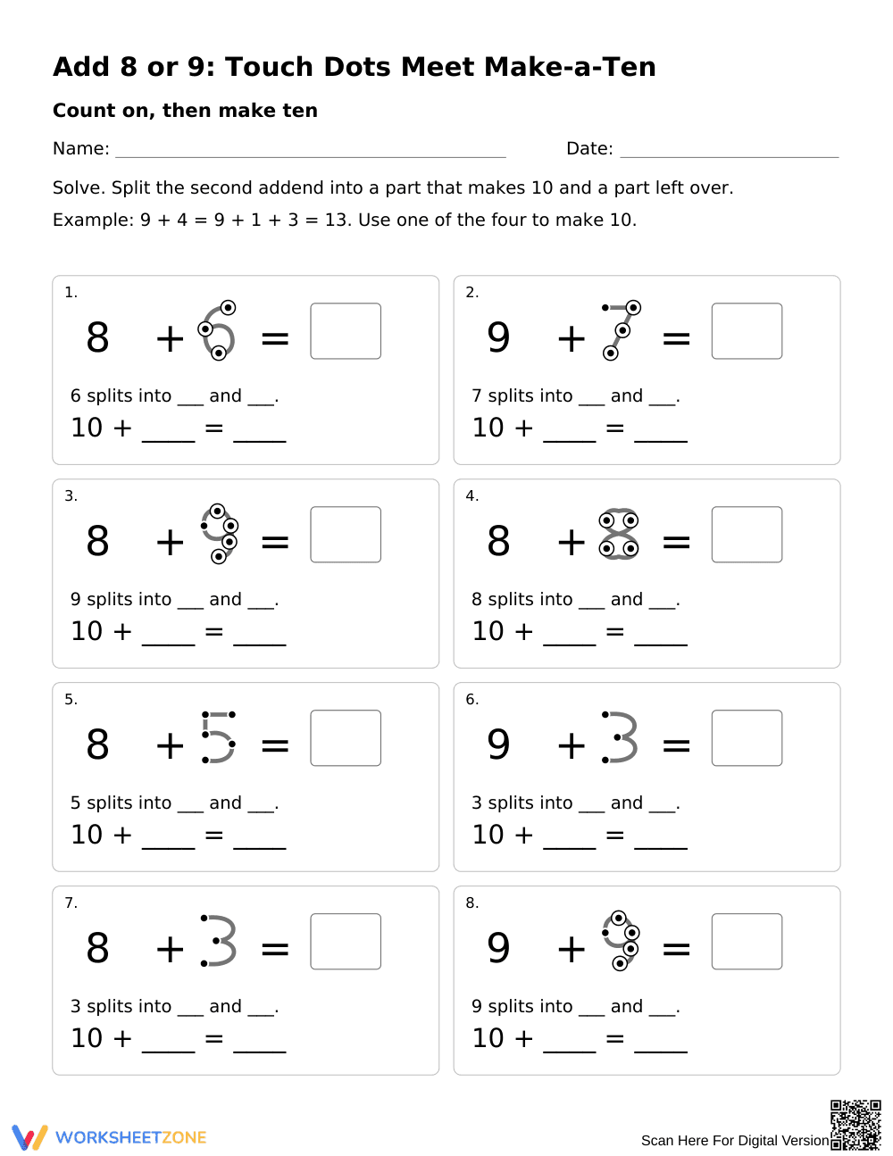 Add 8 or 9 Make a Ten Worksheet | Grade 1 Printable - Page 1