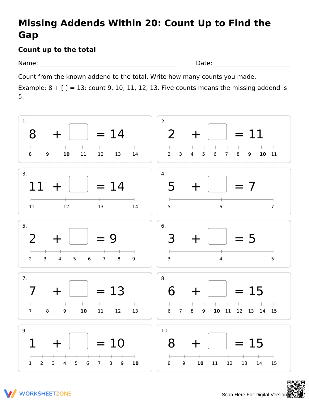 Missing Addends Within 20 Printable Worksheet | Grade 1 - Page 1