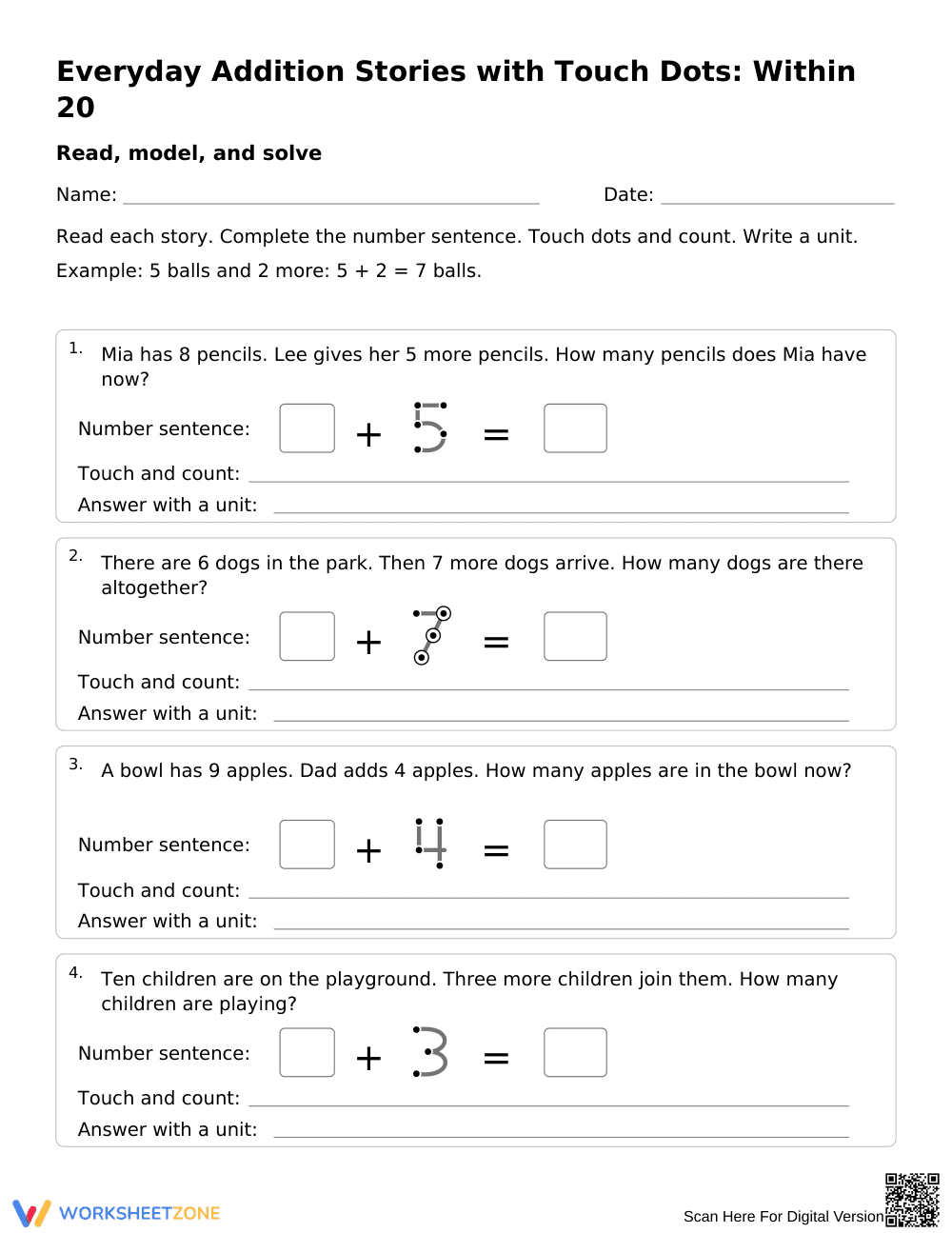 Addition Stories Worksheet | Grade 1 Math Essential - Page 1