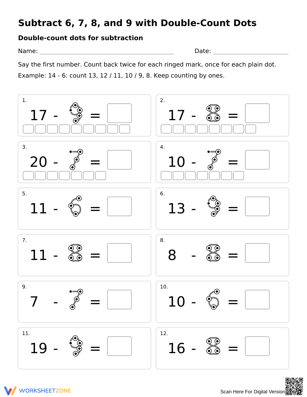 Printable Subtraction Dots Worksheet | Grade 1 Math - Page 1
