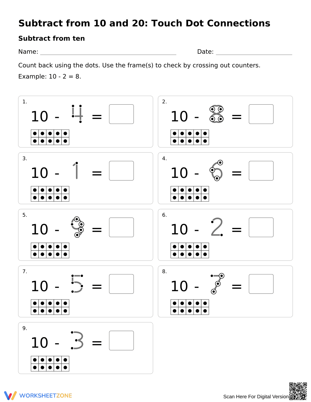 Subtract from 10 and 20 Worksheet | Grade 1 Math Printable - Page 1