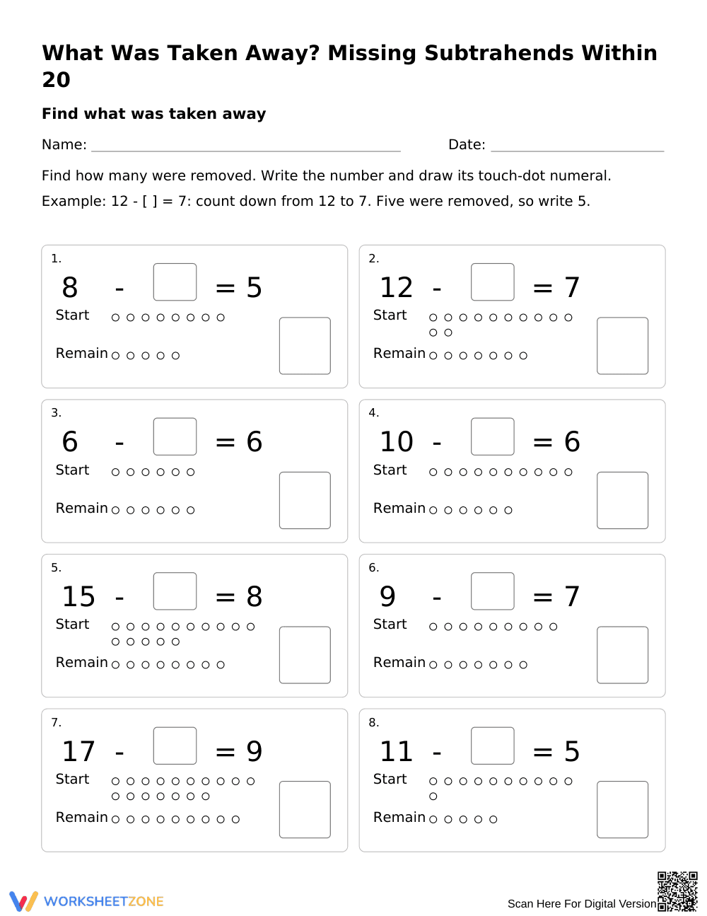 Missing Subtrahends Within 20 Worksheet | Grade 1 Printable - Page 1