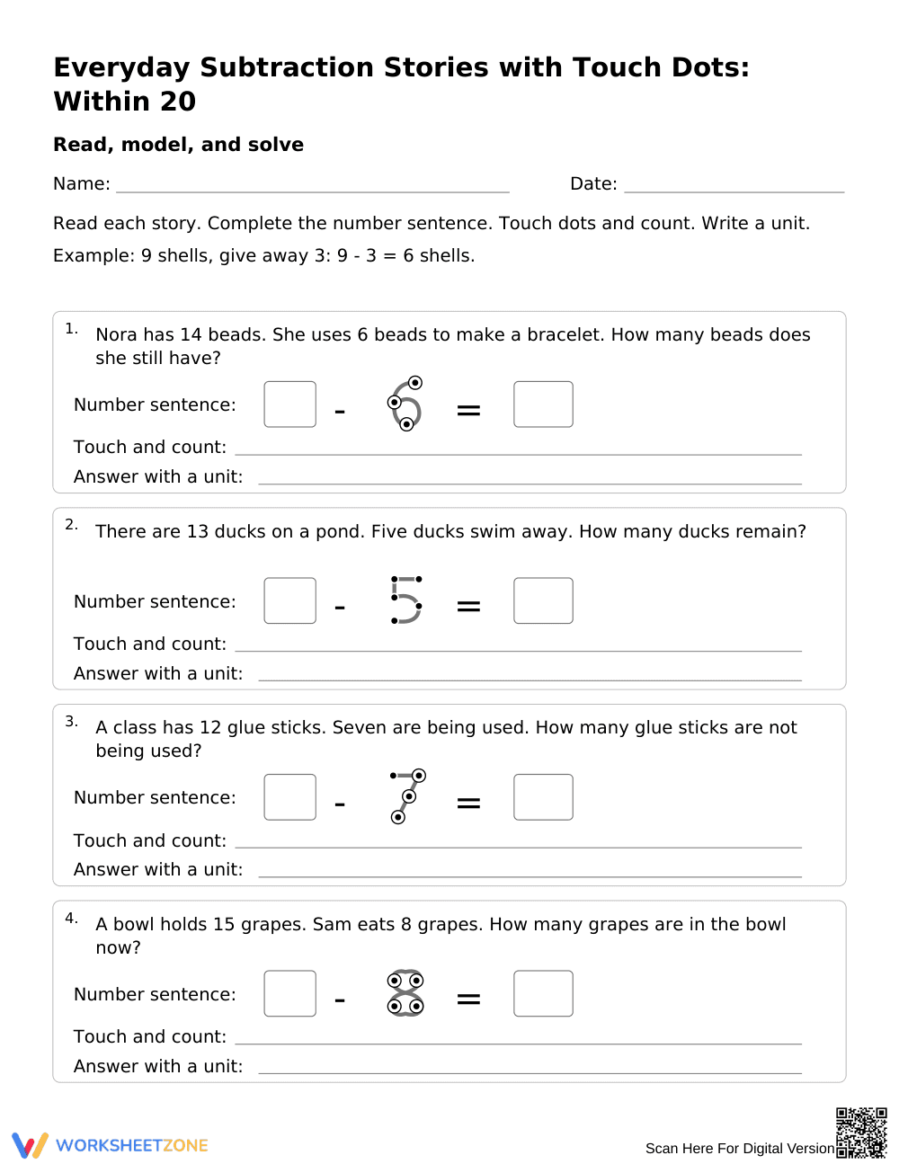 Subtraction Within 20 Word Problems | Grade 1 Printable - Page 1