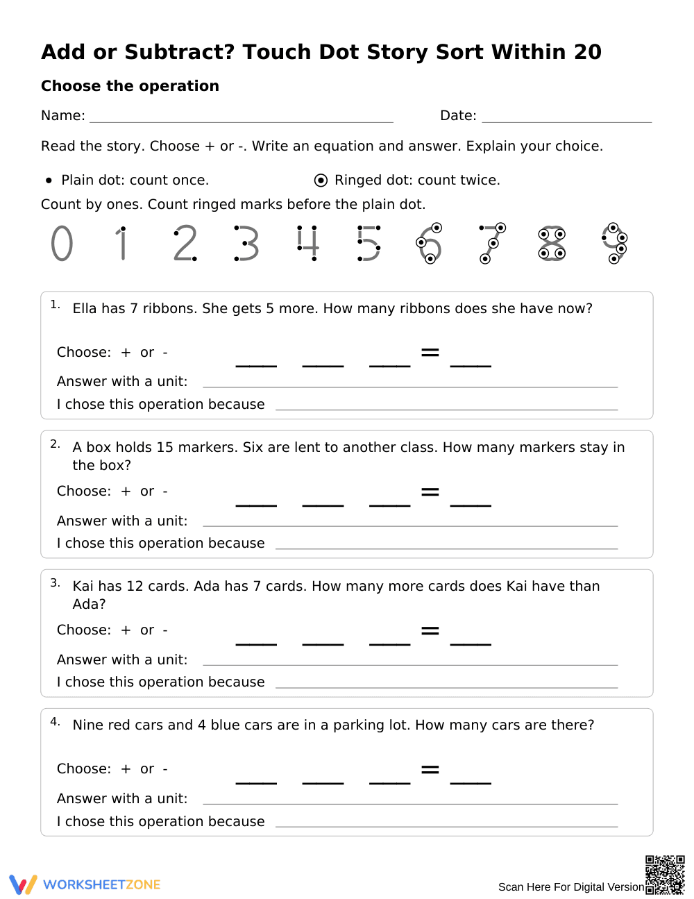 Add or Subtract Within 20 | Grade 1 Math Printable - Page 1