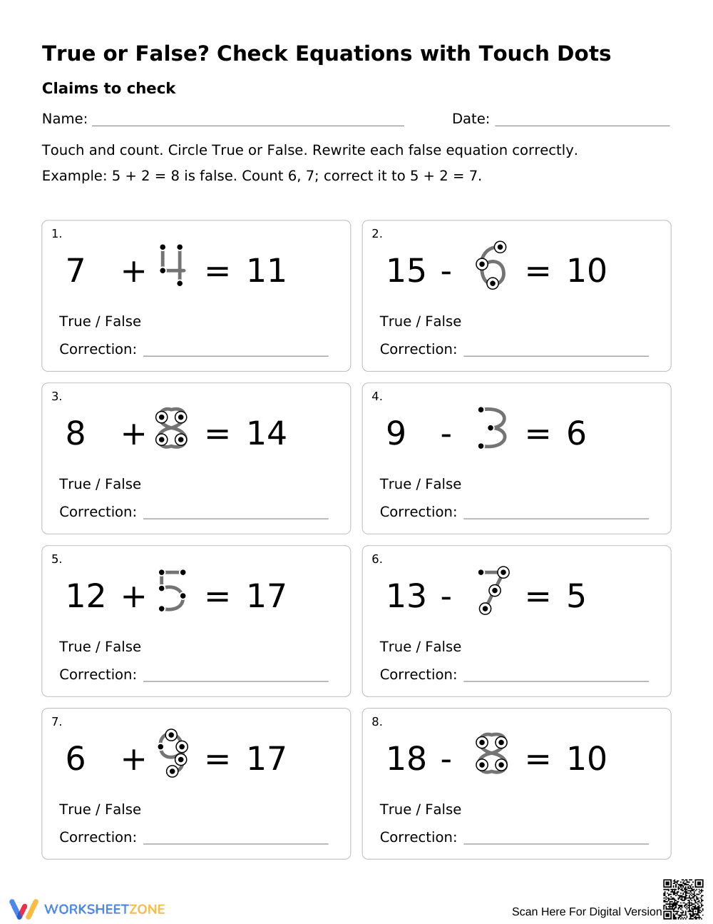 True or False Equations Worksheet | Grade 1 Printable - Page 1