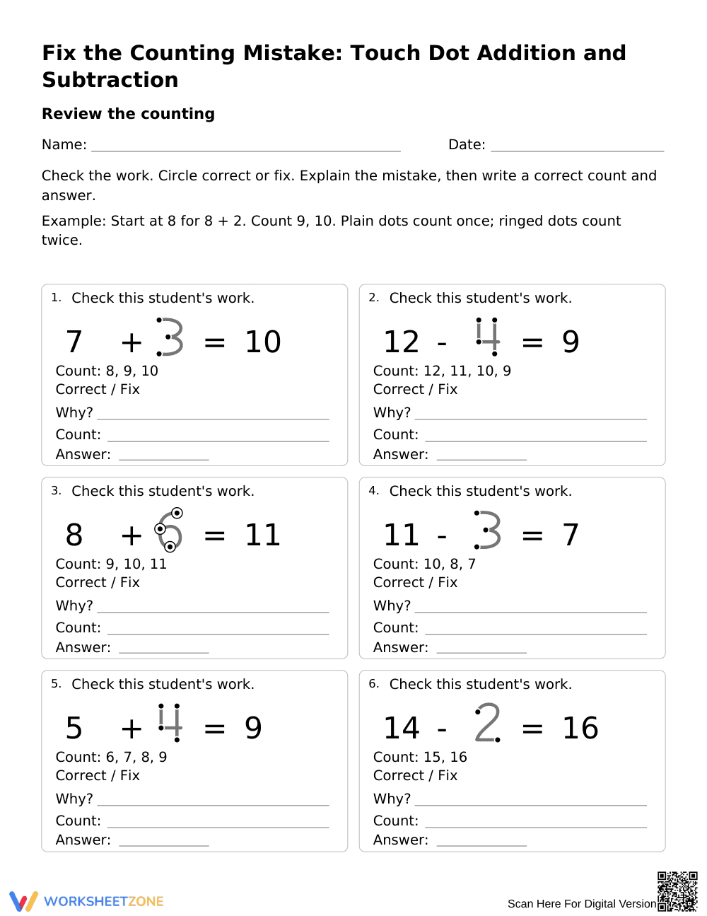 Touch Dot Math Error Analysis | Grade 1 Printable - Page 1