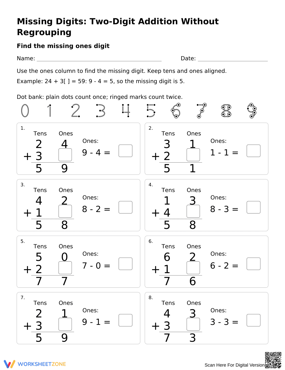 Missing Digits Addition Worksheet | Grade 1 Math Printable - Page 1