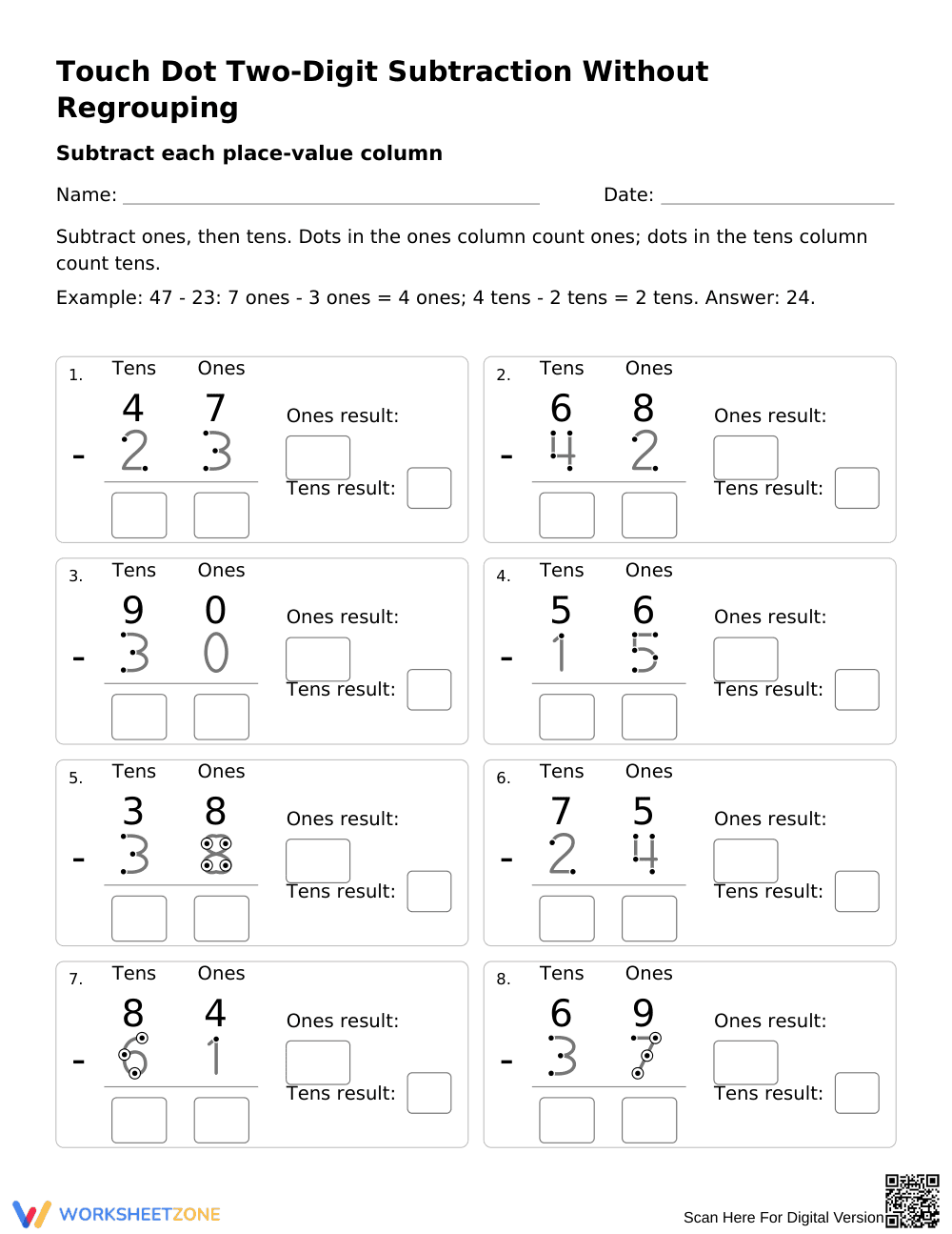Touch Dot Subtraction Worksheet | Grade 2 Printable - Page 1