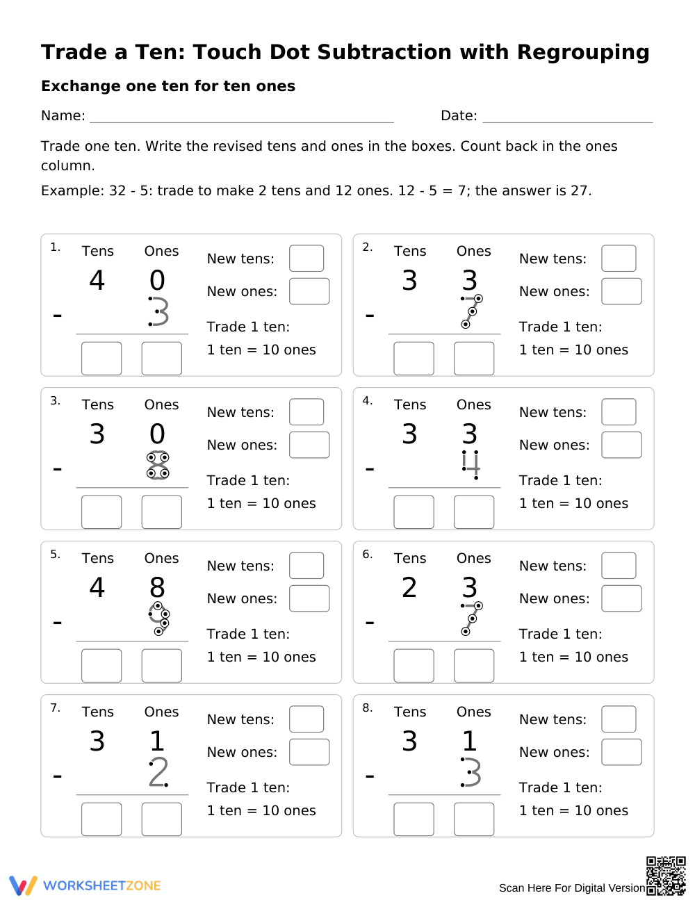 Touch Dot Subtraction Worksheet | Grade 2 Math Printable - Page 1