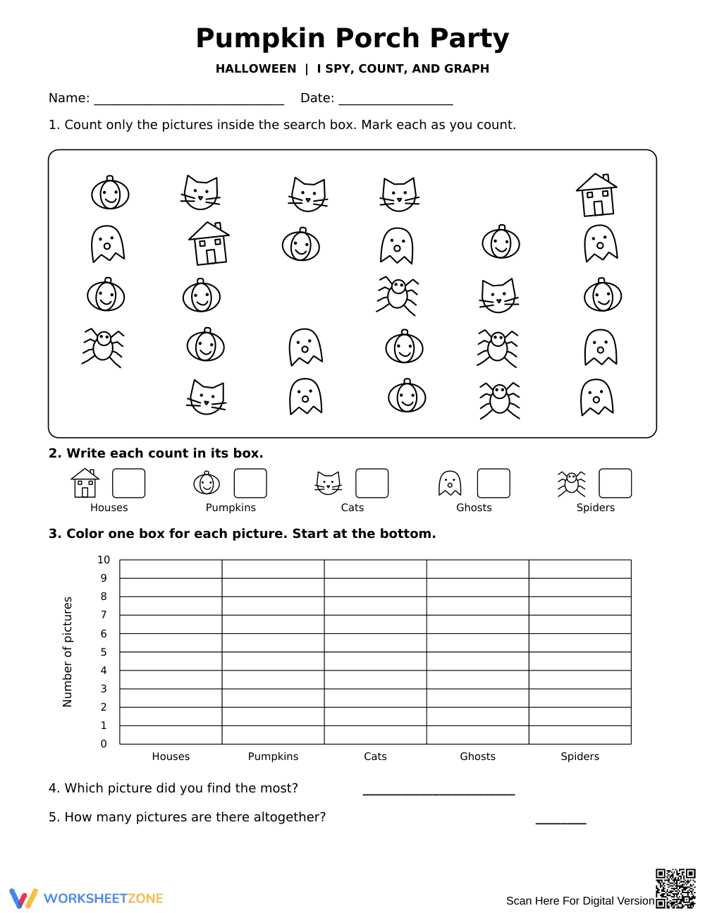 Printable Grade K Halloween Count and Graph Worksheet - Page 1