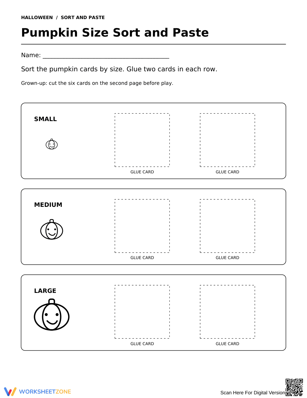 Pumpkin Size Sort Worksheet | Printable Grade K Math - Page 1