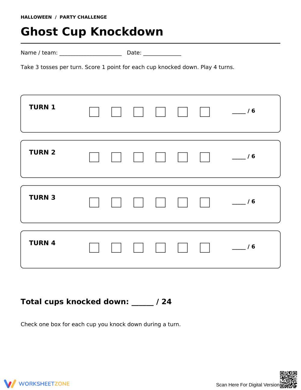 Ghost Cup Knockdown Game — Printable Math Activity - Page 1