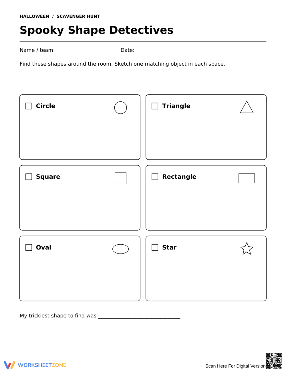 Spooky Shape Detectives — Printable K Math Worksheet - Page 1