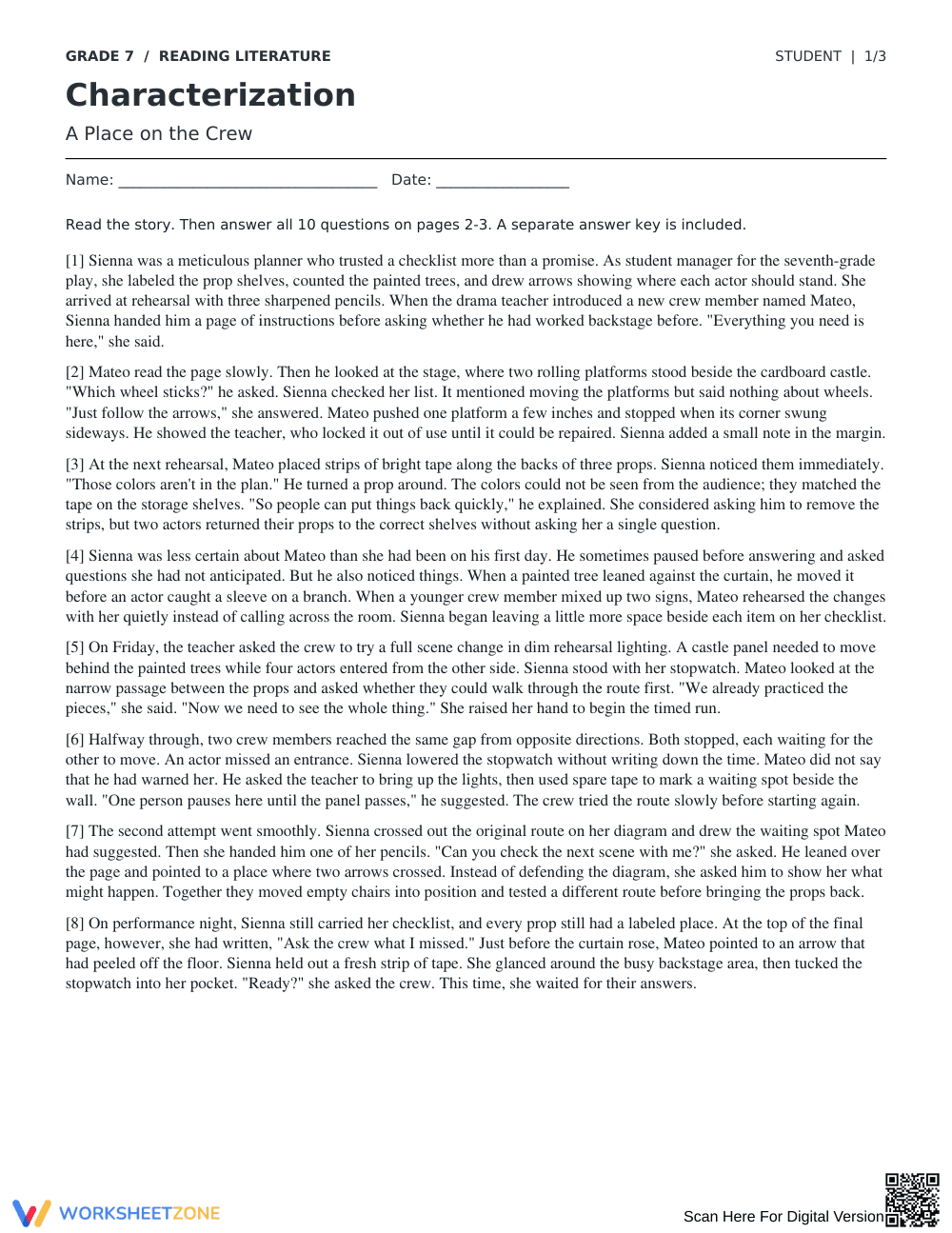 Complete Characterization Worksheet | Grade 7 ELA - Page 1