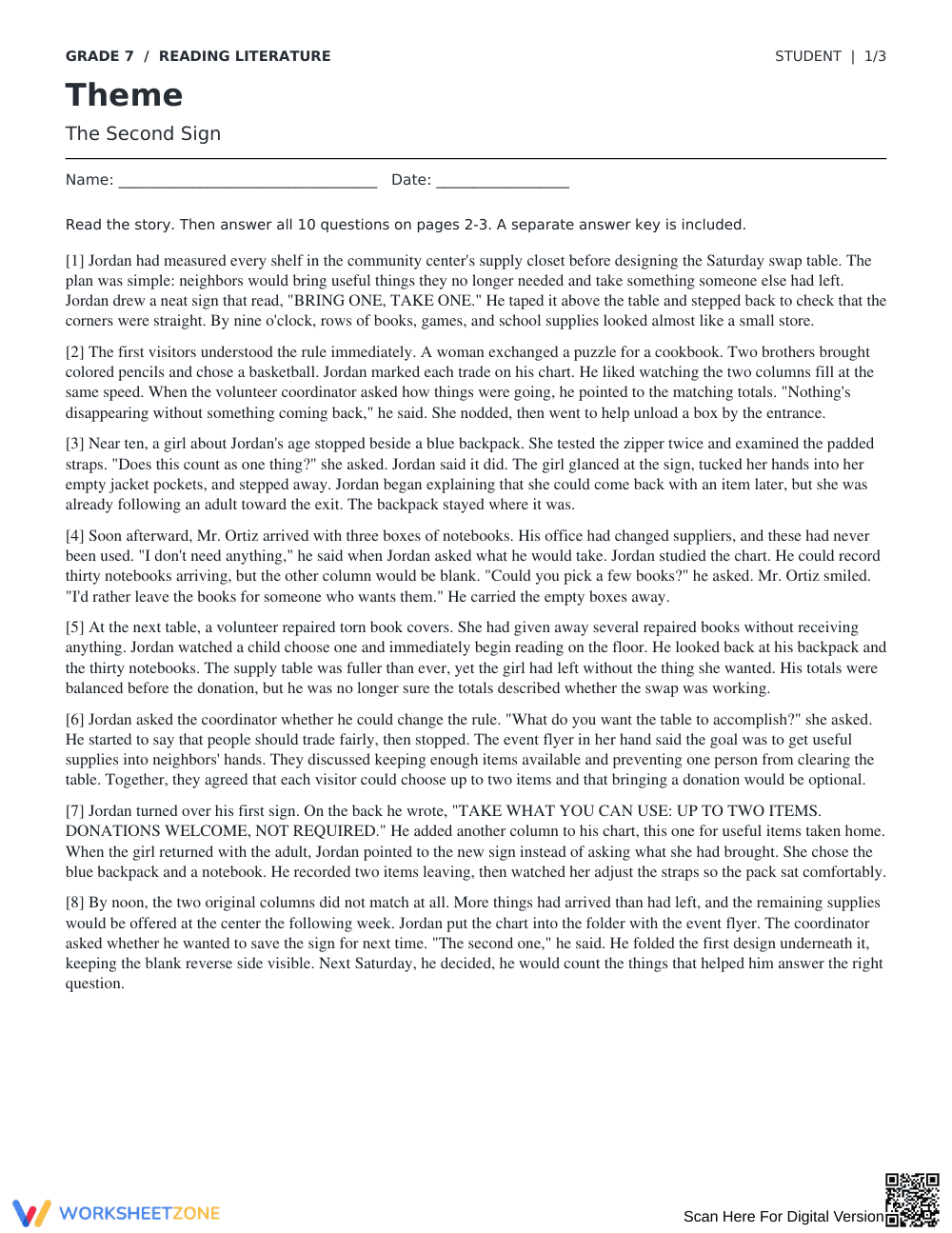 Theme Worksheet — The Second Sign | Grade 7 Printable - Page 1