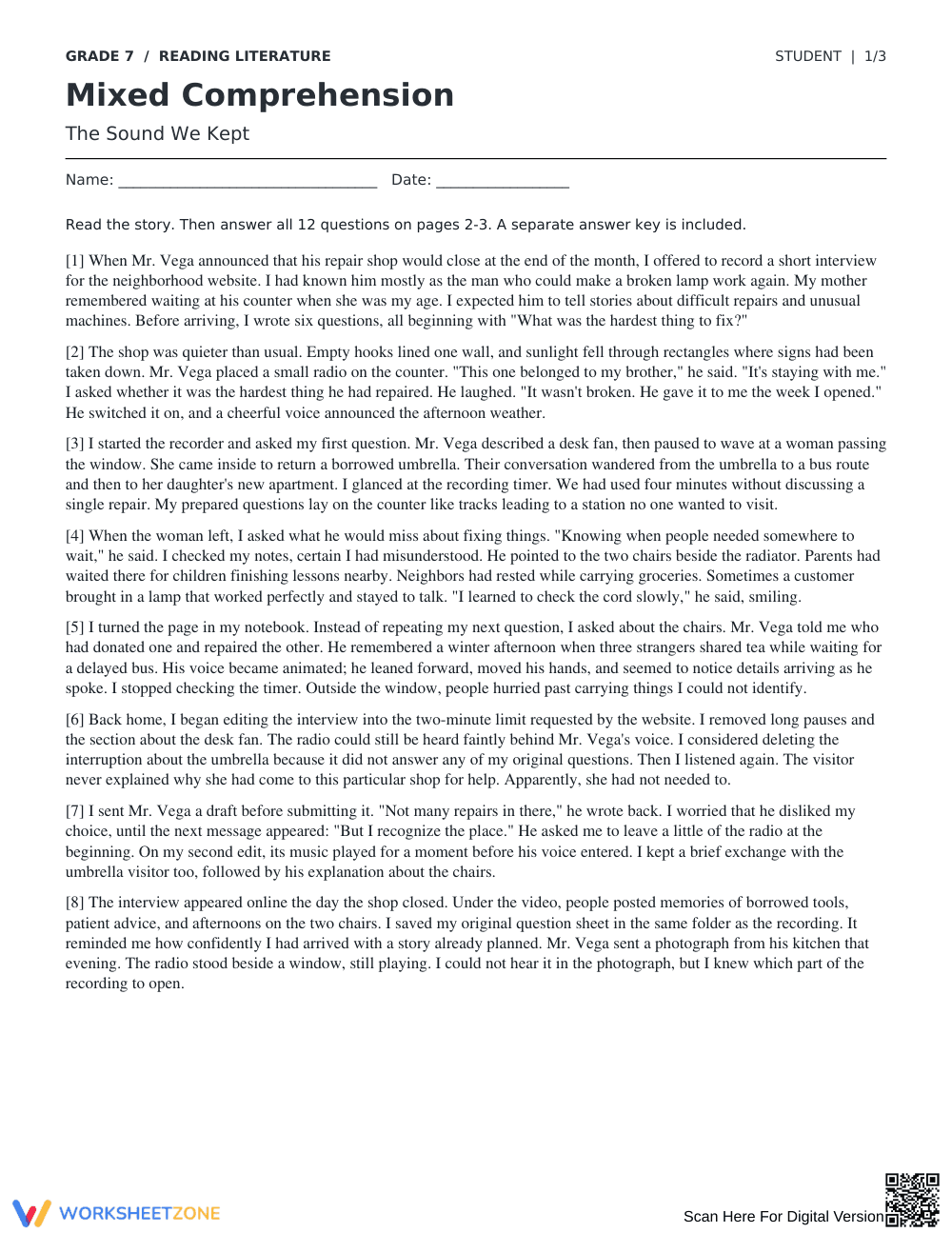 RL.7.1 Worksheet: The Sound We Kept — Grade 7 Aligned - Page 1