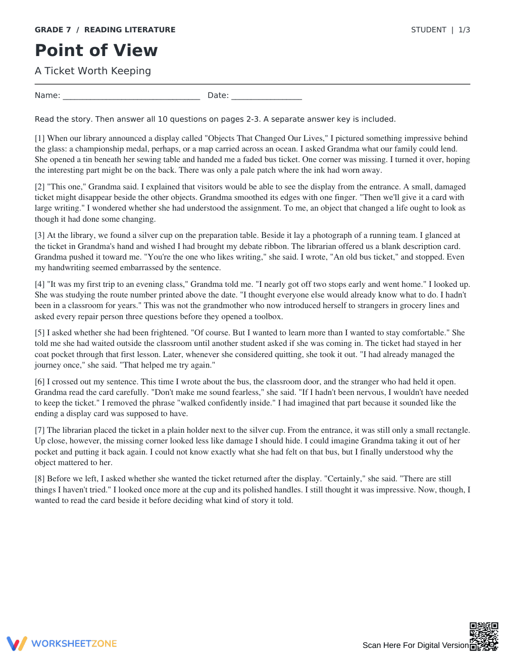 Point of View Worksheet | Grade 7 Printable ELA - Page 1