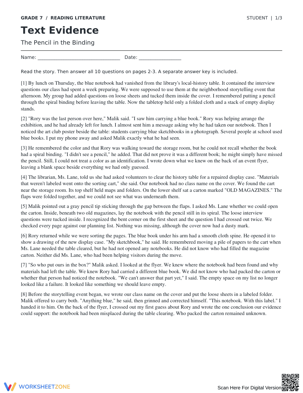 Text Evidence Worksheet | Grade 7 Reading Printable - Page 1