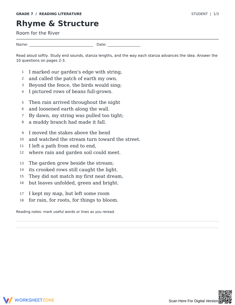 Poetic Rhyme and Structure Worksheet | Grade 7 Essential - Page 1