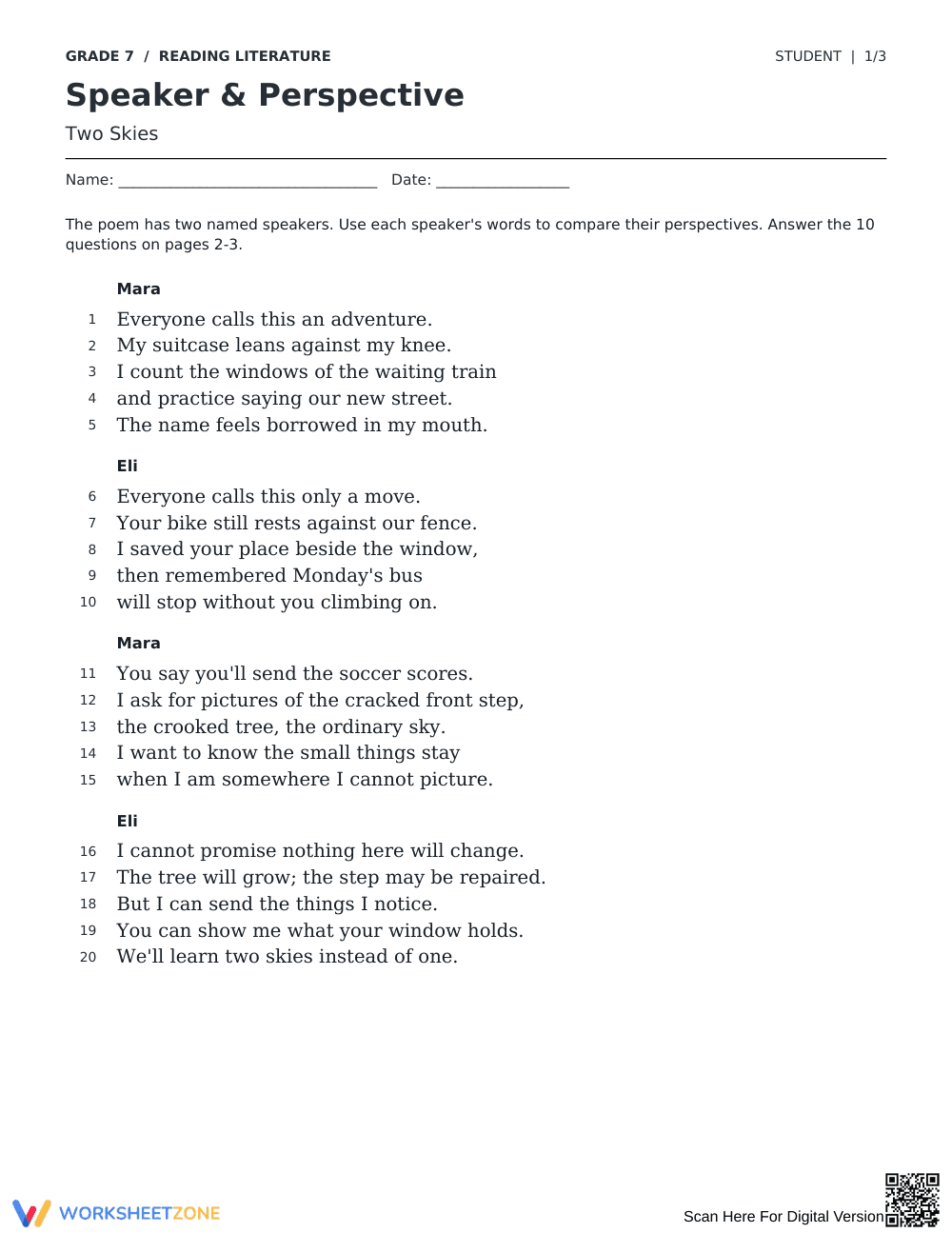Speaker Perspective Worksheet | Grade 7 Printable - Page 1
