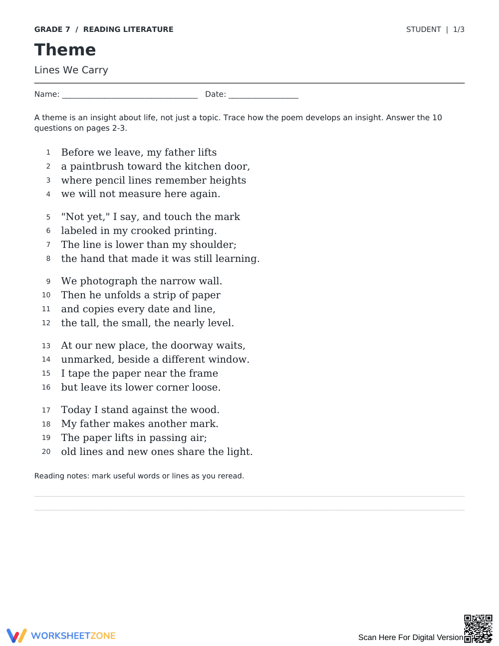 Theme in Poetry Worksheet | Grade 7 Reading Essential - Page 1