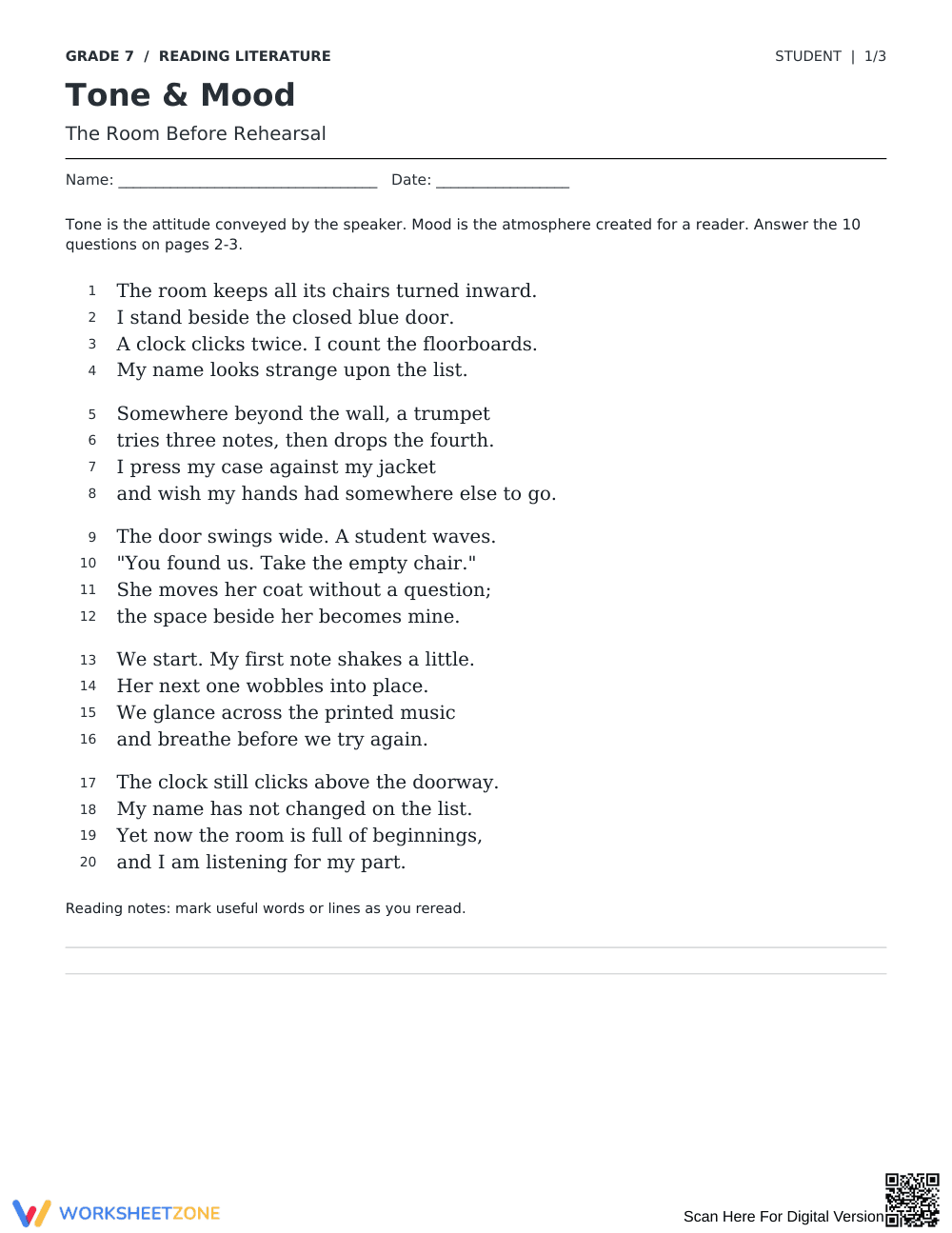 Tone and Mood Poetry Worksheet | Essential Grade 7 ELA - Page 1