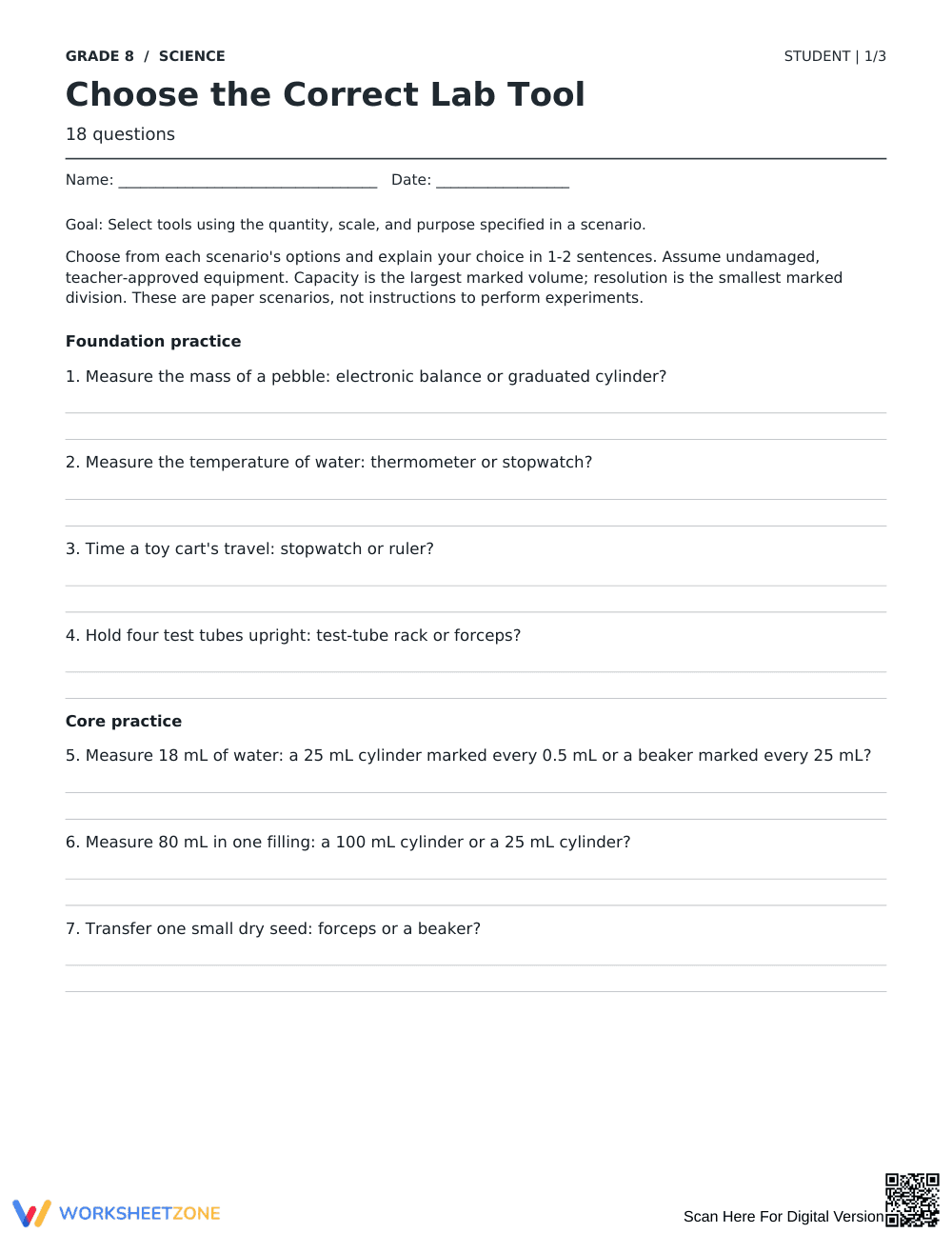 Science Lab Tools Worksheet | Grade 8 Essential - Page 1
