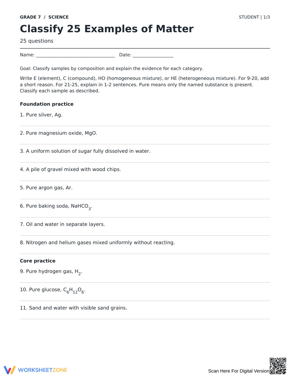 Classifying Matter Printable Worksheet | Grade 7 Science - Page 1