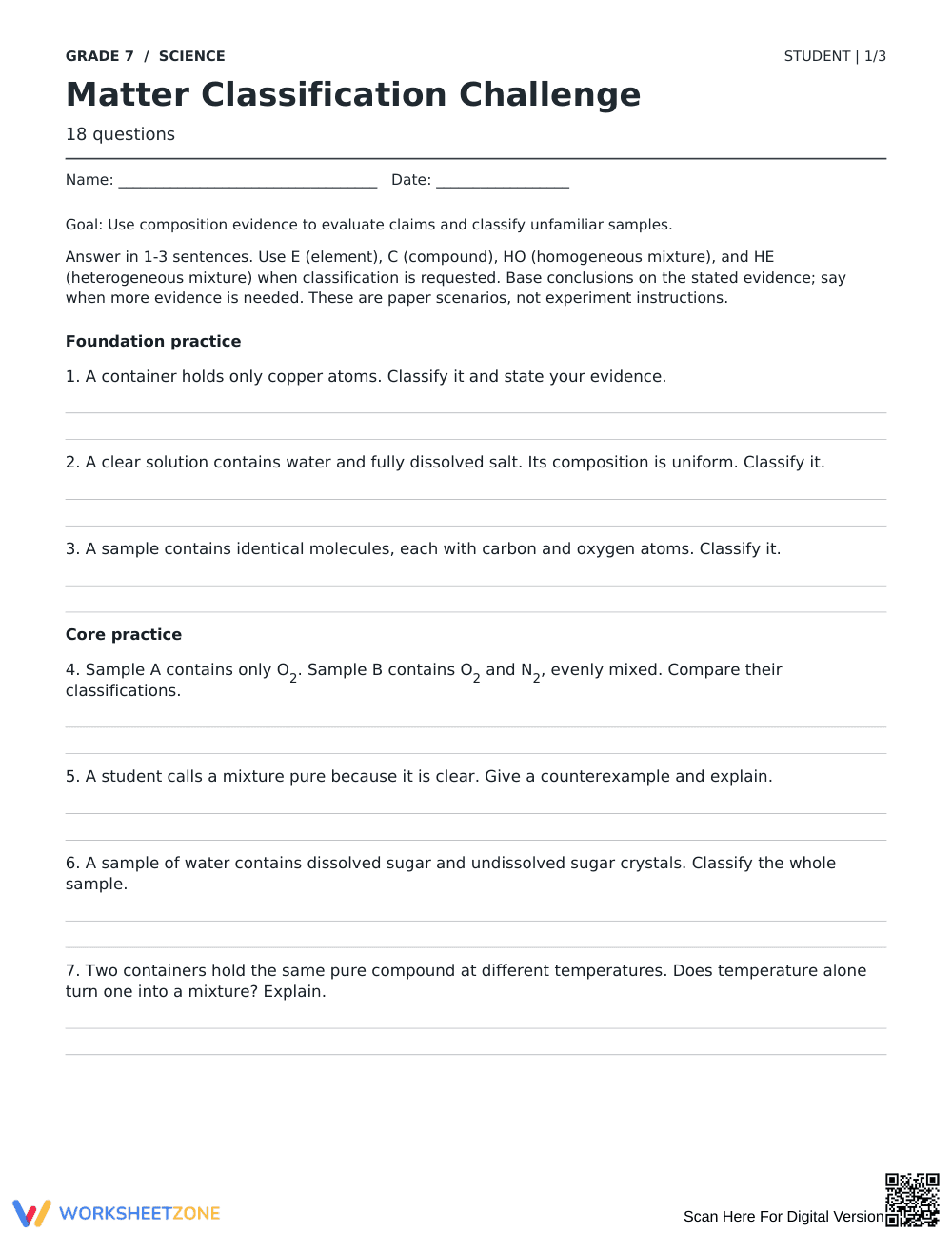 Matter Classification Worksheet | Grade 7 Essential - Page 1