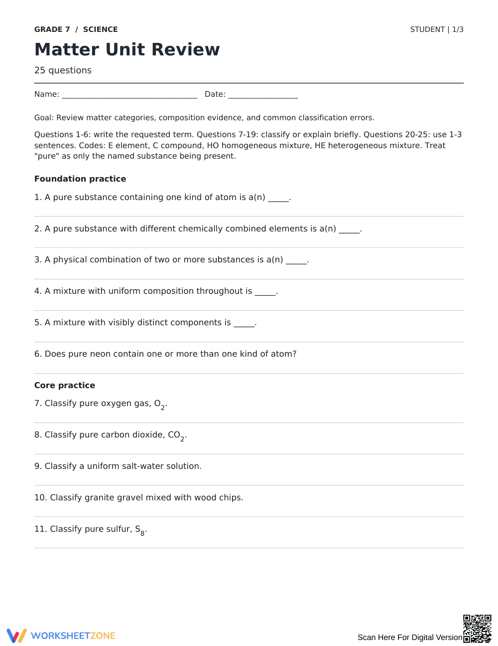 Classifying Matter Worksheet | Grade 7 Science Printable - Page 1