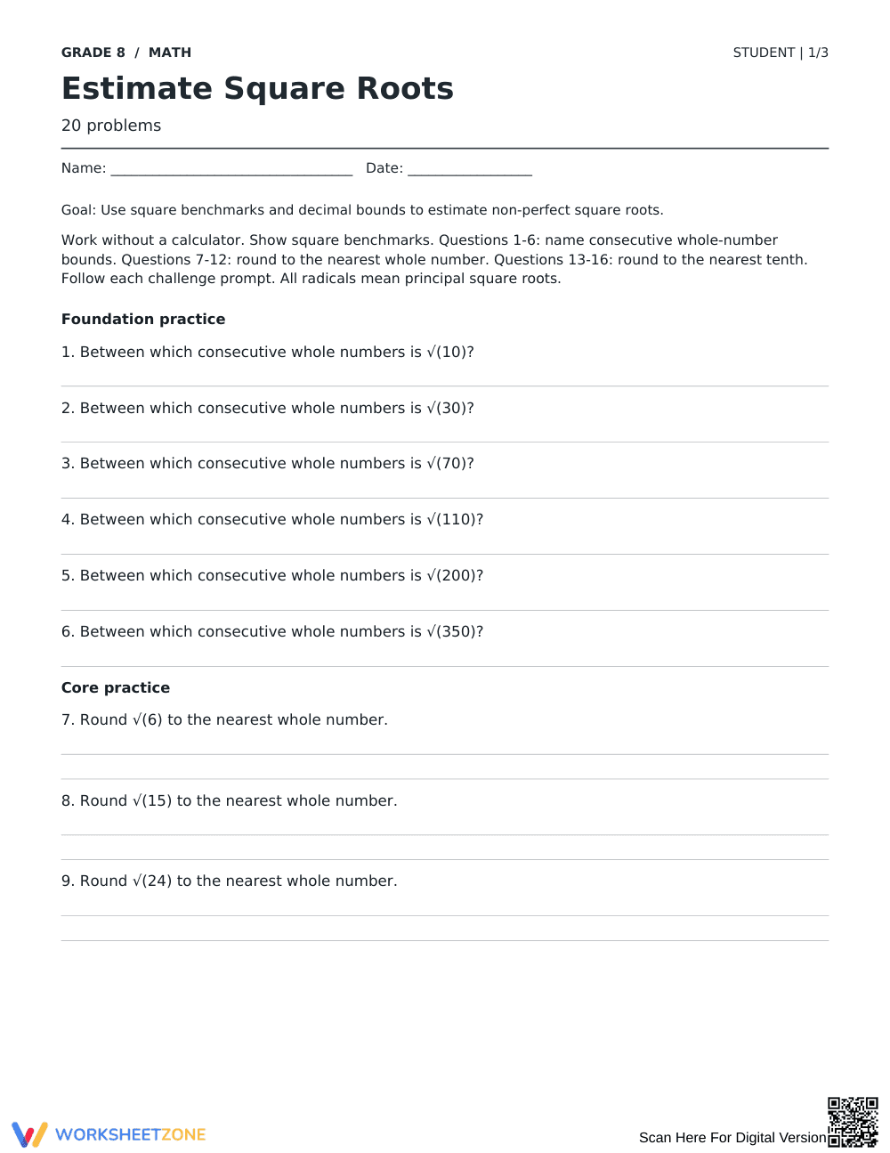 Estimate Square Roots Worksheet | Grade 8 Math Essential - Page 1