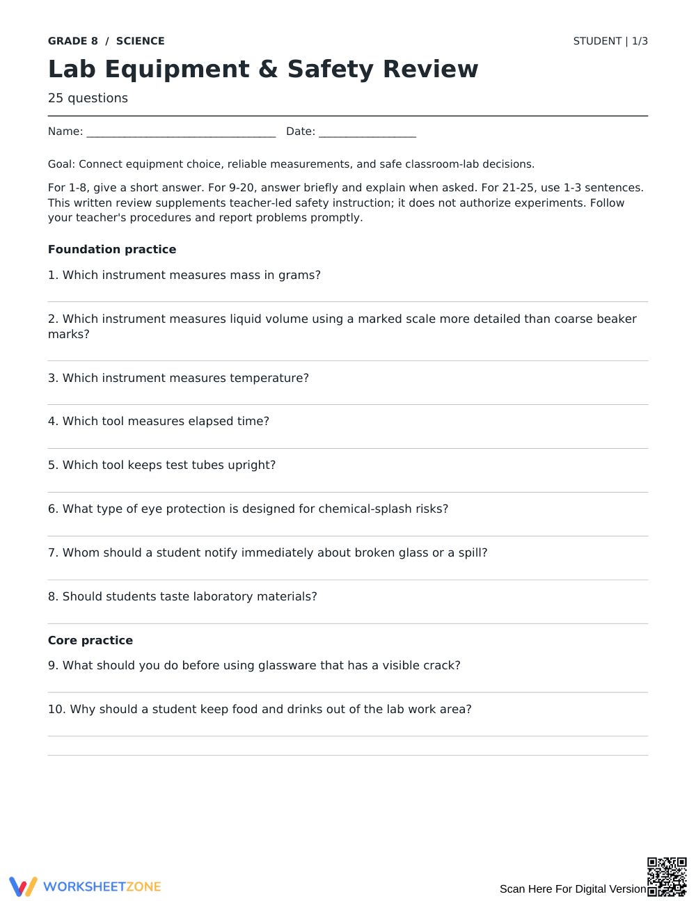 Lab Equipment & Safety Worksheet | Grade 8 Science Ready - Page 1